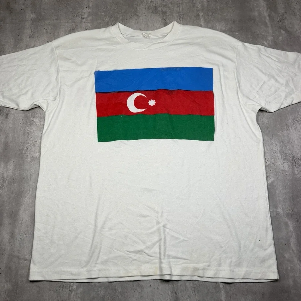 Vintage Flag of Azerbaijan White T-Shirt Size XL Success Made In USA Two Sided